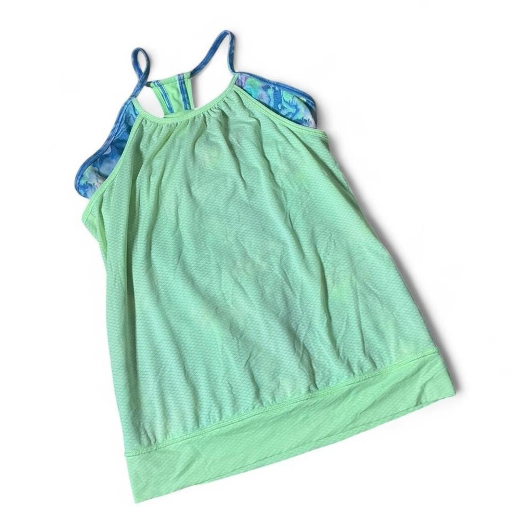 Ivivva Lululemon Girls Lime Green Mesh Tank Top Built-in Bra Marble Print Sz 14‎